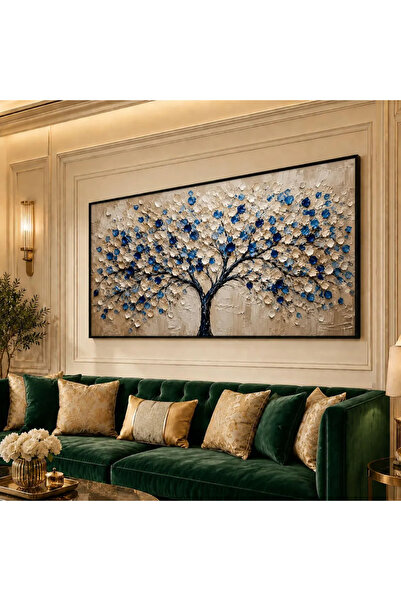 HOME MODE Blue White Blossom Tree Wall Art, Beige Floral Canvas, Large Abstra...