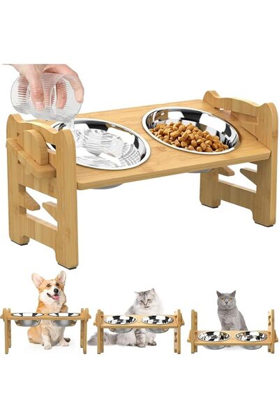 OASISGALORE Elevated Dog and Cat Bowls, Removable Raised Bamboo Stand Adjusta...