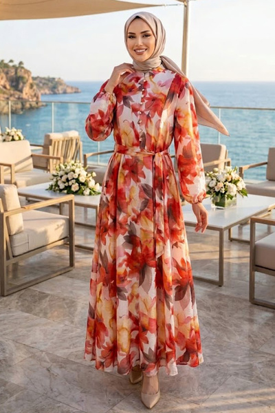 N.S NEVA STYLE Φόρεμα με ζώνη με floral μοτίβο μπορντό χιτζάμπ 5340BR