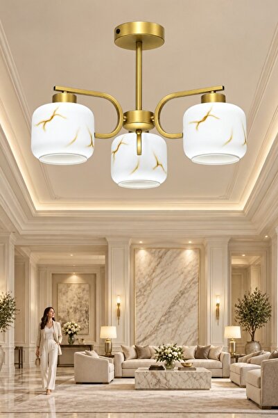 ESSLİGHT Aura 3’lü Eskitme Plafonyer Mermer Desen Camlı Avize Salon Mutfak Ya...