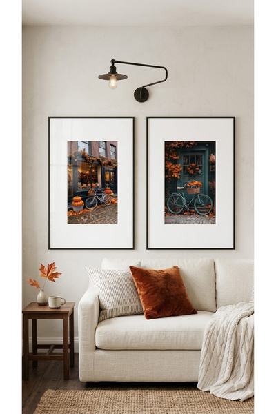 Linacci 2-Piece Living Room Autumn Bicycle Wall Painting Set - Orange with Bl...