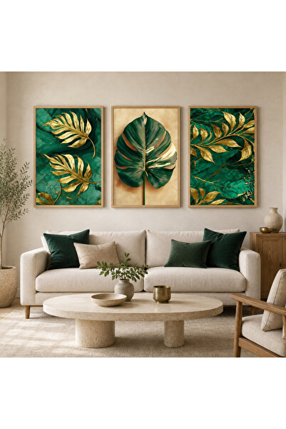 RDEKOR Tropical Green Gold Leaves 3 Piece Framed Decorative Wall Painting - R...