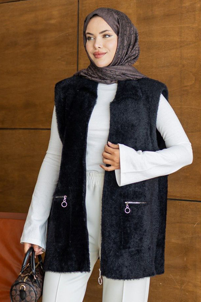 Neva Style Black Beard Angora Hijab Knitwear Vest with Zipper Pocket 250735S
