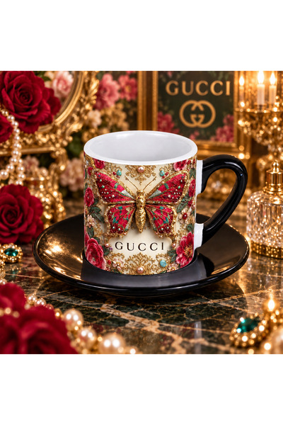 AION CASA Luxury Butterfly and Flower Patterned Turkish Coffee Cups with Blac...