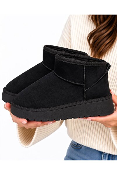 RoseVeno Women's Black Fur Lined Extra Soft Round Toe Women's Mini Ankle Boots