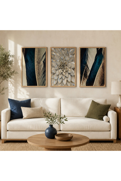 RDEKOR Navy Blue Beige Feather and Flower Themed 3 Piece Framed Decorative Wa...