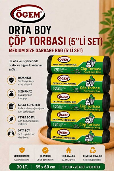 Ögem Orta Boy Siyah Çöp Torbası 55x60 cm 30 Lt Rulo İçi 20 Adet 5'li Rulo Set...