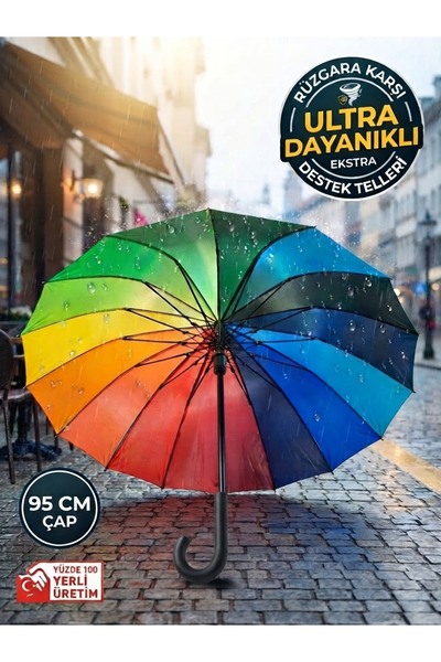 Genel Markalar İŞBİR 16 TEL KALIN İSKELET BÜYÜK GÖKKUŞAĞI ŞEMSİYE OTOMATİK AÇMA