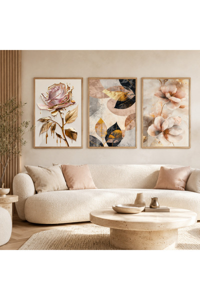 RDEKOR Gül ve Pastel Soyut Çiçek 3 Parça Çerçeveli Dekoratif Duvar Tablosu - ...