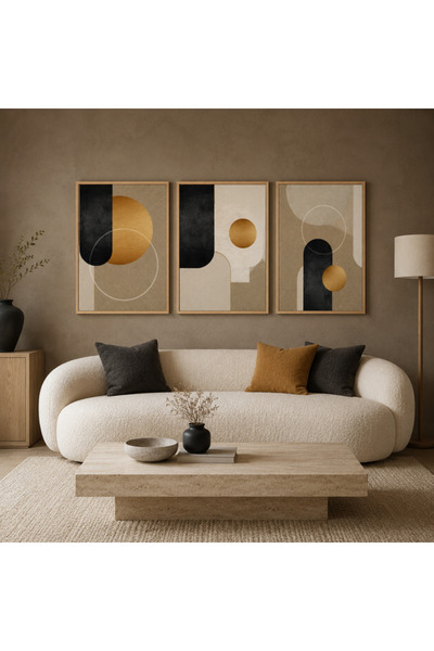 RDEKOR Black Gold Beige Abstract Geometric 3 Piece Framed Modern Wall Art - R...