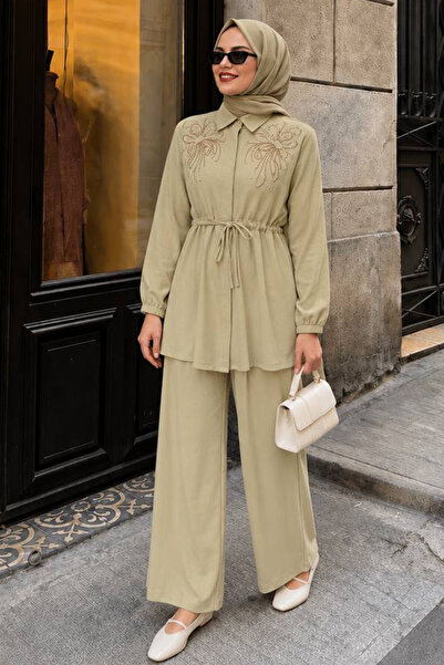 Neva Style Stone Embroidered Shirt Collar Yellow Hijab Suit 26189Sr
