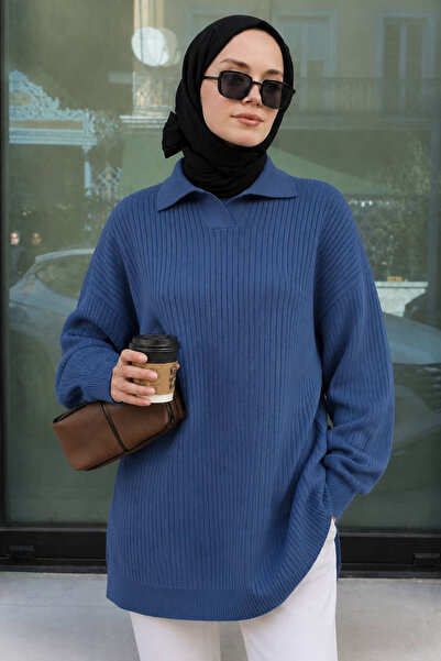 N.S NEVA STYLE Ribbed Indigo Blue Hijab Knitwear Sweater Tunic 65903Im