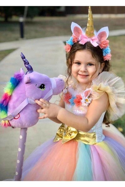 Genel Markalar Kız Çocuk Unicorn Tarlatanlı Tütü Elbise Kostüm Taç Hediyeli