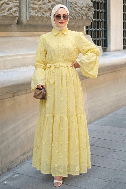 N.S NEVA STYLE Çiçek Aplikeli Gömlek Yaka Sarı Tesettür Elbise 26185SR