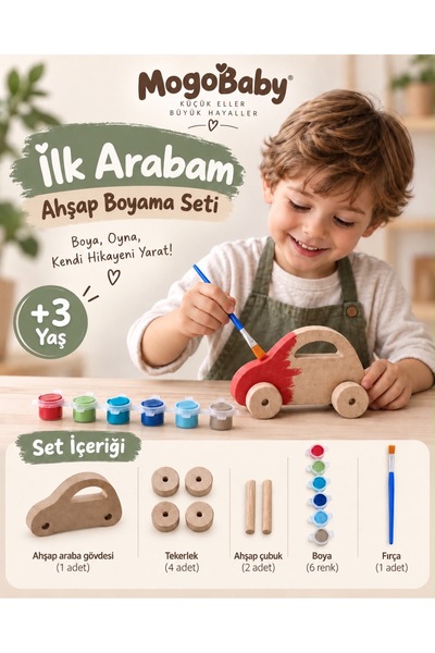 Mogo baby İlk Arabam Ahşap Araba Boyama Seti Eğitici /Montessori Araba