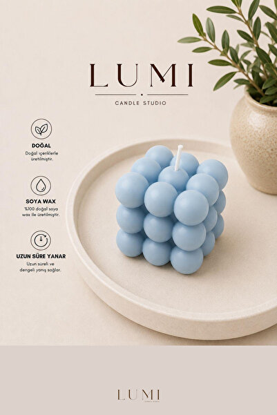 Lumi Bubble Candle Kokulu Dekoratif Küp Mum – %100 Doğal Soya Wax – 5 Renk Seçeneği (Beyaz-Sarı-Pembe-Mavi-Yeşil)