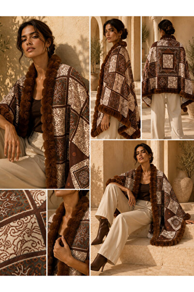 Luminos Butik Women's Brown Square Block Patterned Woven Poncho Pnc15