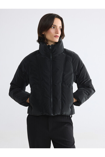 LC Waikiki Lcw Vision Black Stand Collar Women's Leather Look Puffer Coat
