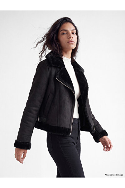 LC Waikiki Vizyon New Season Black Fur Collar Women's Suede Look Coat