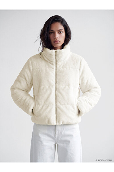 LC Waikiki Peak New Season Ecru Stand Collar Women's Plush Coat