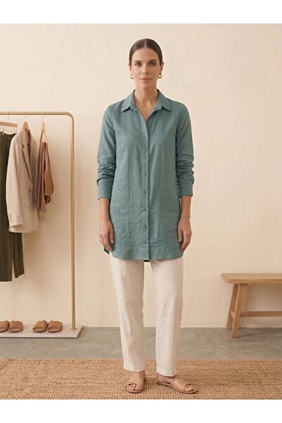 axy Turquoise Relaxed Fit Shirt Collar Long Tunic
