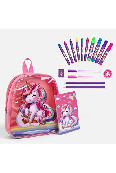 OEM Set Scolar Roz cu Ghiozdan Unicorn & Accesorii - 18 piese