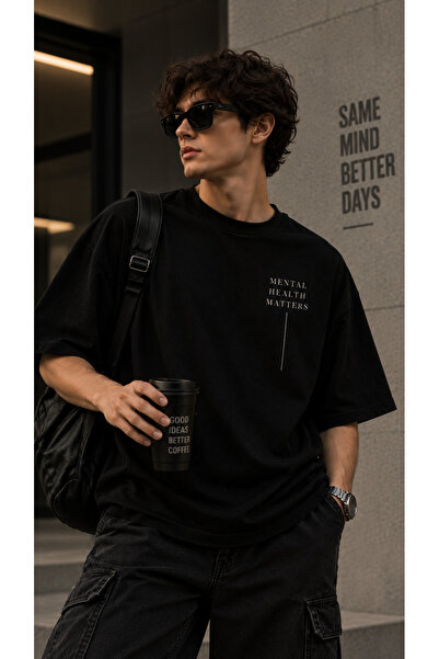 Eritqaa Mental Health Matters Slogan Printed Black Men's Oversize T-Shirt Min...