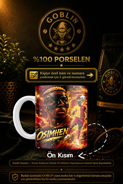 Goblin Kişiye Özel isimli Sarı Kırmızı Osimhen Dijital imzalı Porselen Kupa B...