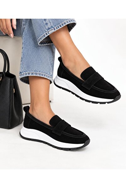 Butik Noble Shoes Genuine Suede Leather Black Women's Loafer