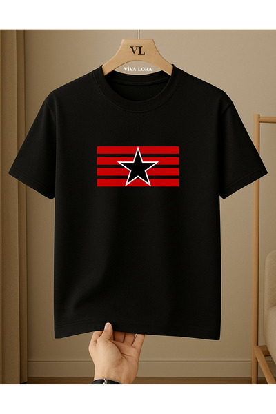 VİVA LORA Star Printed 100% Cotton Crew Neck Regular Unisex T-Shirt