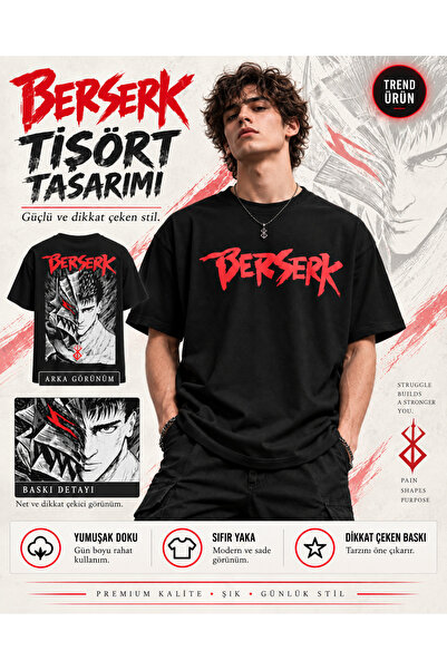 FG KONNİCHİWA Berserk Anime T-Shirt – Guts Printed Black Oversize Crew Neck T...