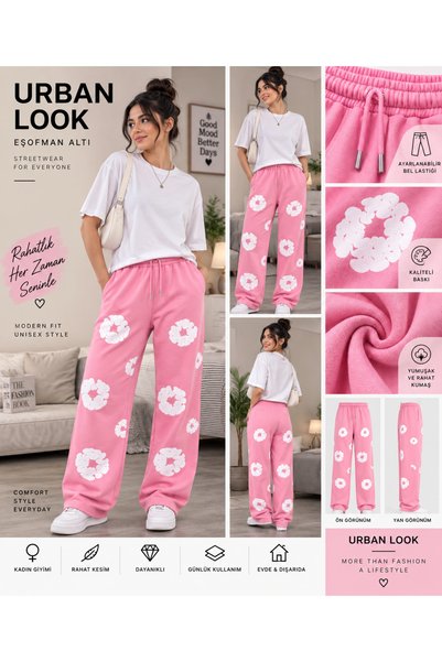 Urban Look Unisex Çiçek Baskılı Oversize Bol Kesim Jogger Eşofman Altı