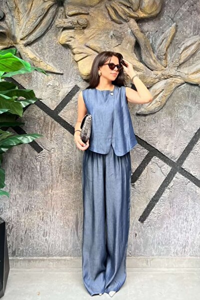 sunfyre Navy Blue Tencel Button Detailed Vest and Pants Set Sun516