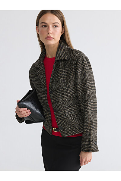 LC Waikiki Ozmarka New Season Brown Shirt Collar Plaid Women's Cashmere Jacket