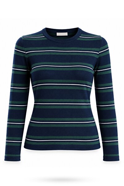 5in1Canpolat Green Striped Crew Neck Knitwear 0001