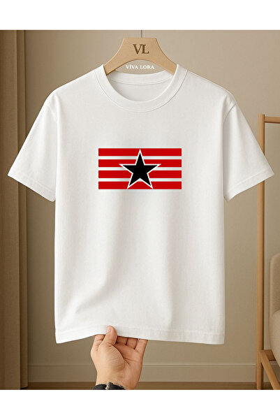 VİVA LORA Star Printed 100% Cotton Crew Neck Regular Unisex T-Shirt