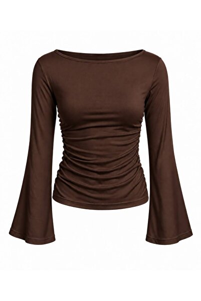 EVOA Women's Coffee Color Boat Neck Draped Spanish Sleeve Blouse