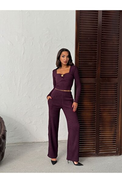 EVOA Women's Buckle Detailed Square Neck Blouse and Wide Leg Pants Set