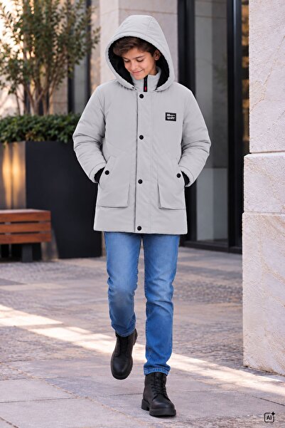 Cansın Mini Dark Gray Boy's Fur Hooded Inflatable Coat with Fleece Inside 24916
