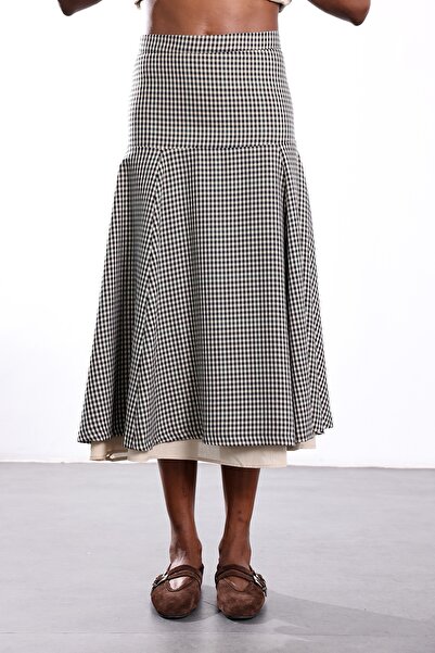 5in1Canpolat Black Gingham Patterned Flared Skirt 03003