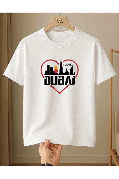 VİVA LORA Love Dubai Printed 100% Cotton Crewneck Regular Unisex T-Shirt
