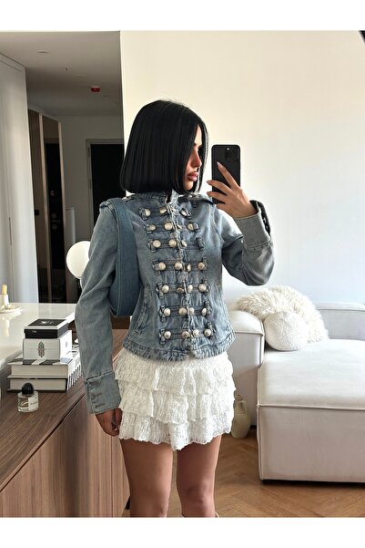 MEECY Kadın Mavi Gold Düğmeli Napolyon Detaylı Denim Ceket