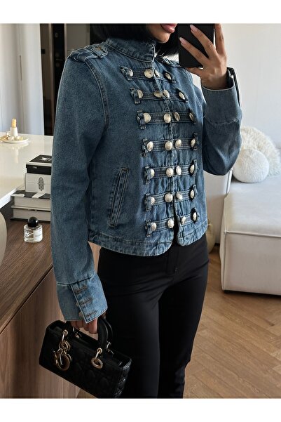 MEECY Kadın Mavi Gold Düğmeli Napolyon Detaylı Denim Ceket