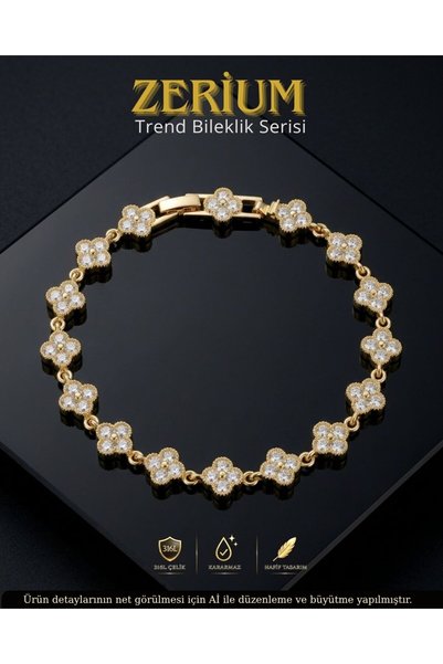 ZERİUM Women's Quality Steel Gold Color Bracelet with Row of Zircon Stones Clover Model