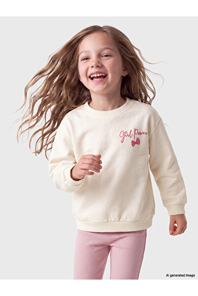 LC Waikiki Özmarka New Season Ecru Crew Neck Printed Girls' Sweatshirt