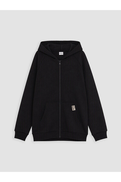 LC Waikiki Peak New Season Black Hooded Boys' Thick Zippered Sweatshirt