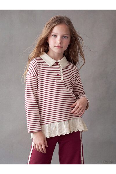 LC Waikiki Vizyon New Season Burgundy Polo Collar Striped Girls' Set