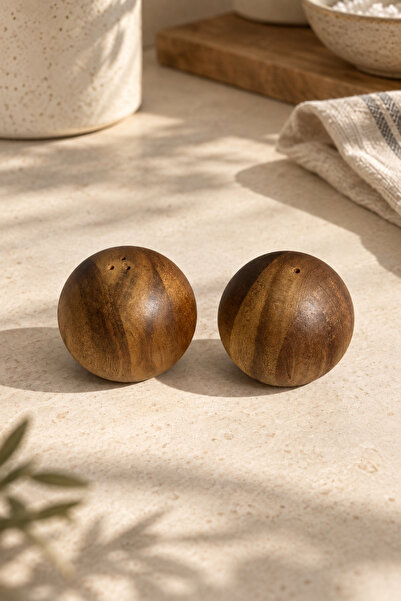 Meturas 2-Piece Acacia Wood Salt and Pepper Shaker Set – Globe Shaped Natural...