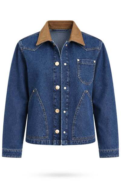 5in1Canpolat Blue Velvet Collared Denim Jacket 5509