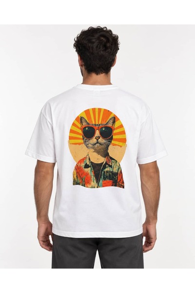 CANMODA Tricou alb oversize pentru bărbați, cu imprimeu Cool Cat